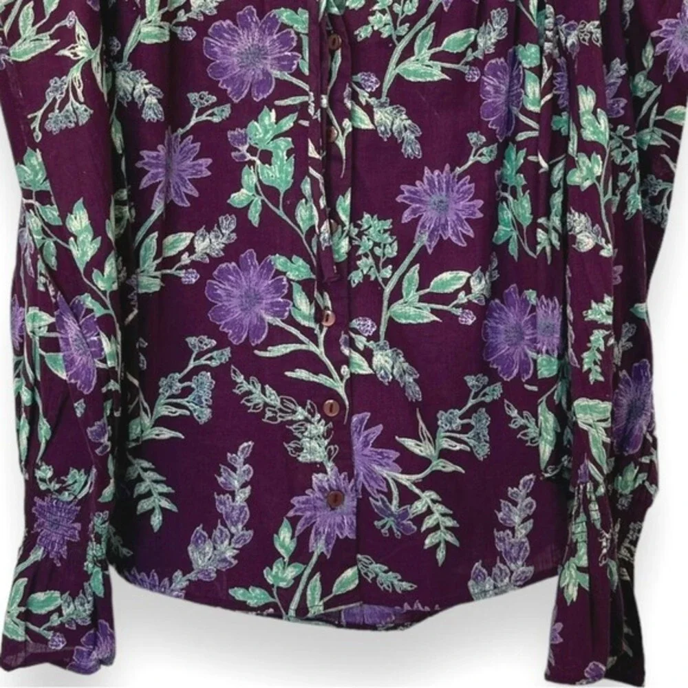 Free People Meant to Be Floral Puff‎ Sleeve Button Up Blouse Top NWT